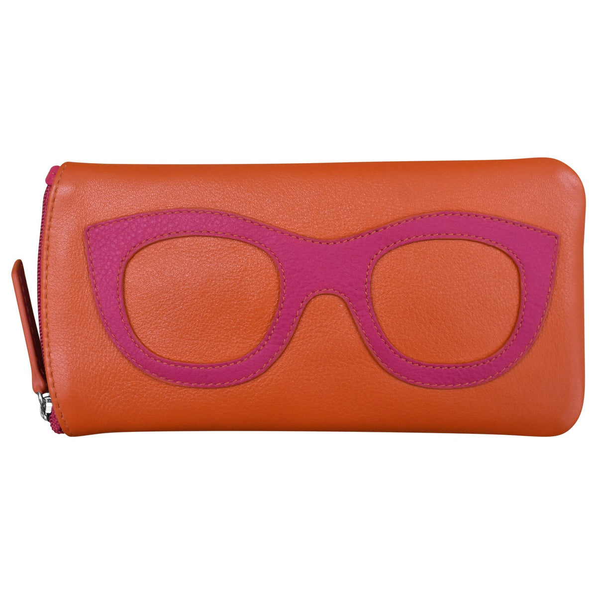 Orange wallet with pink eyeglass frame design on a white background