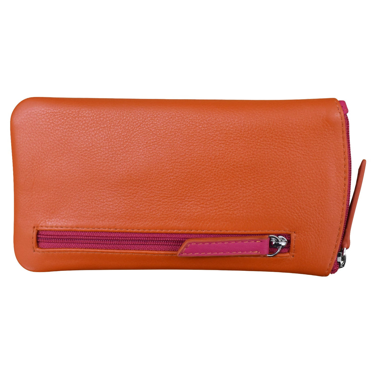 Orange wallet with a pink zipper on a white background
