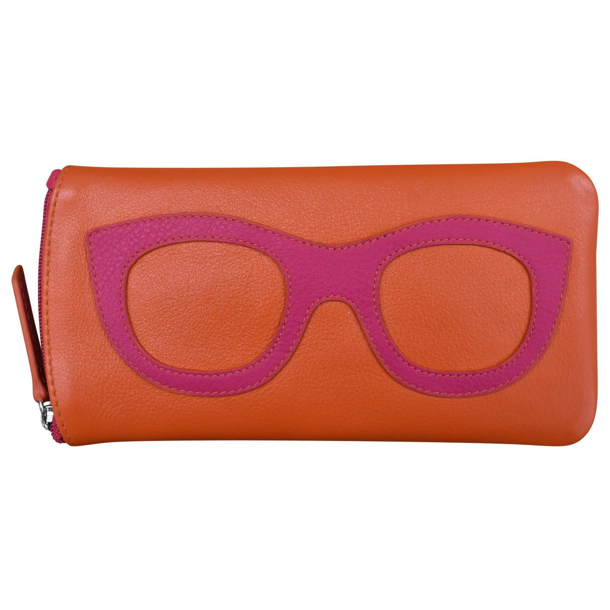 Orange wallet with pink eyeglass frame design on a white background