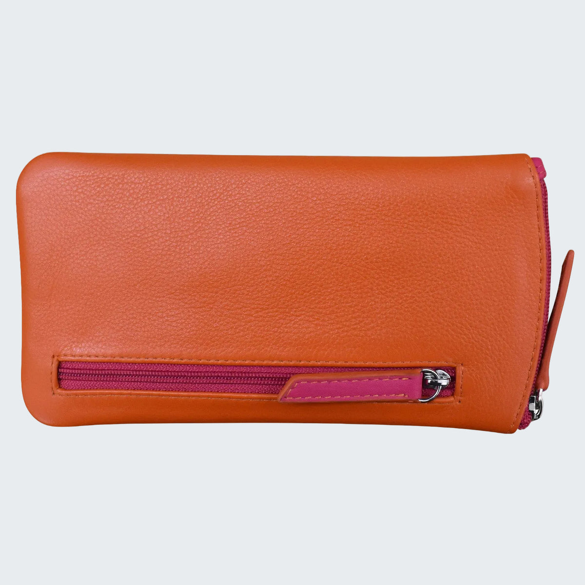 Orange wallet with a pink zipper on a white background