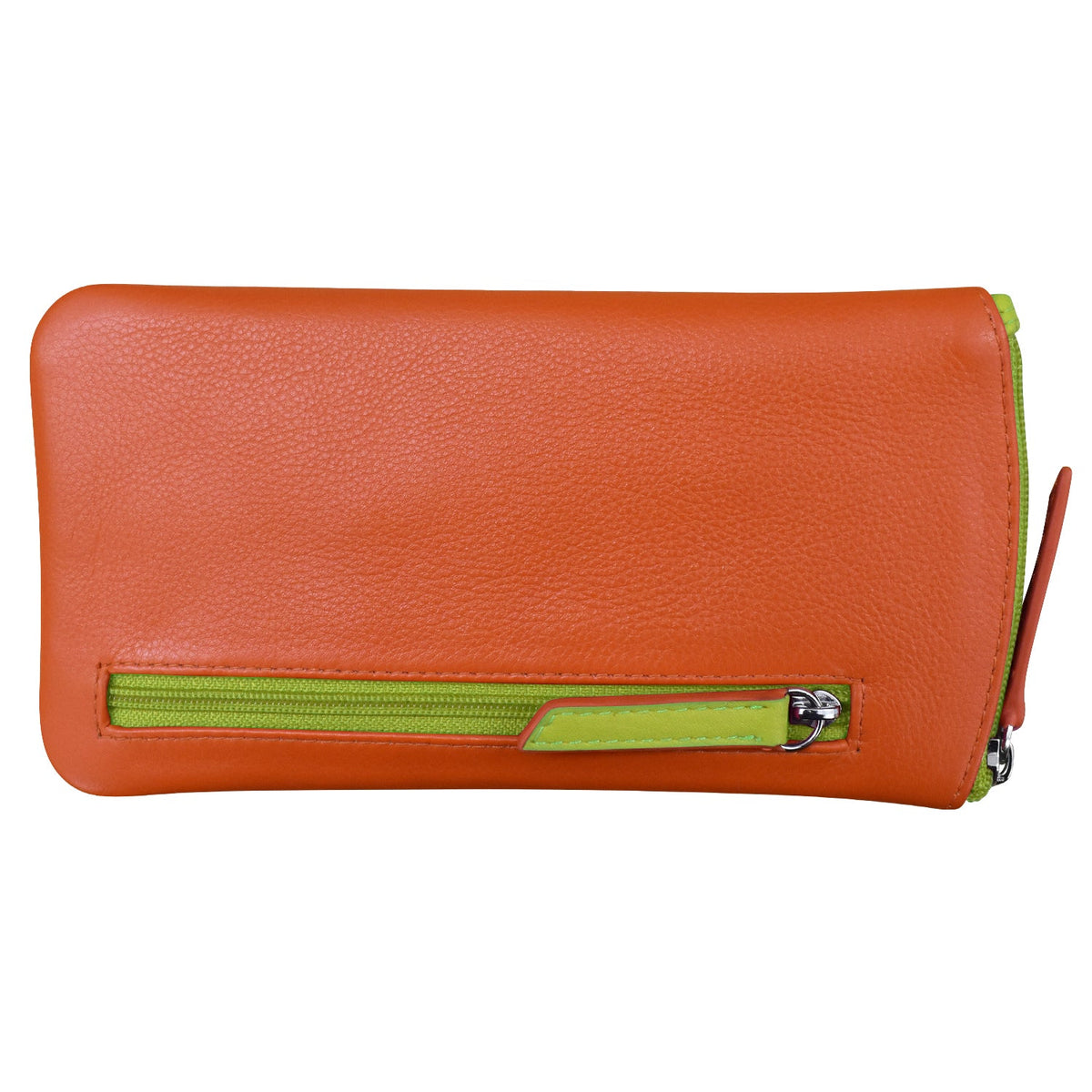 Orange wallet with a green zipper on a white background