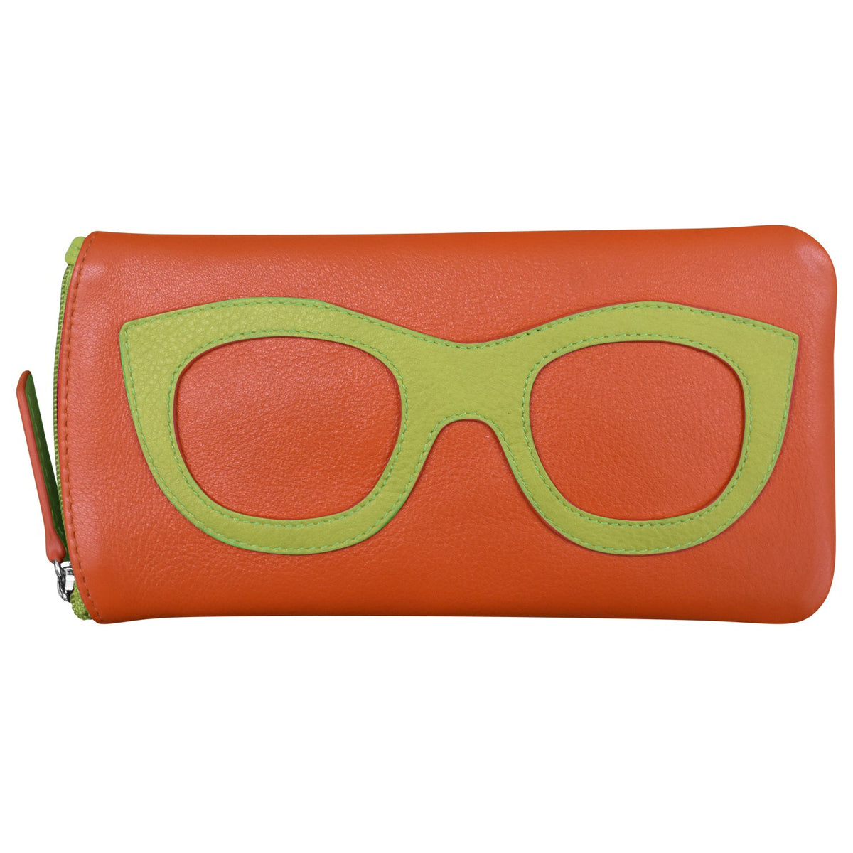 Orange wallet with green eyeglass frame design on a white background