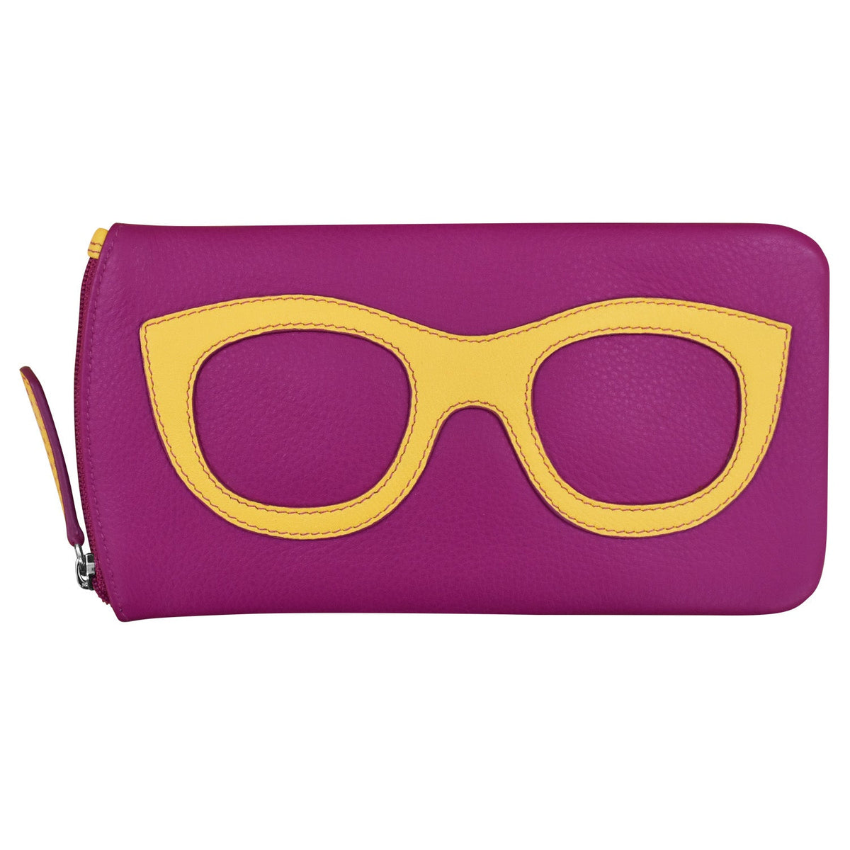 Purple pouch with yellow glasses design on a white background