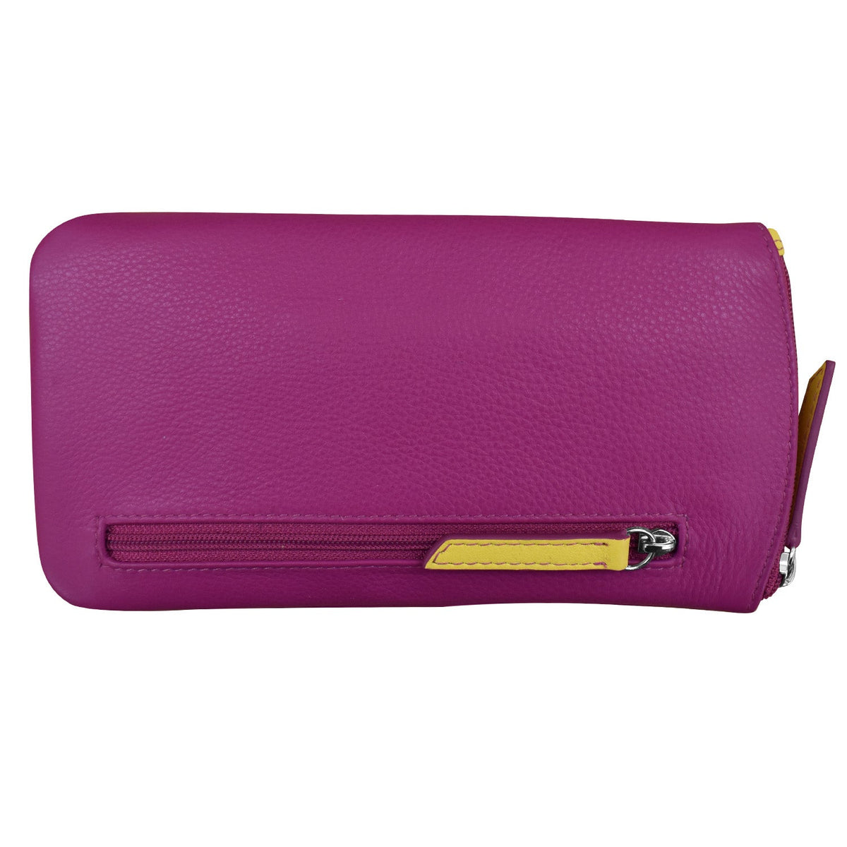 Purple wallet with a gold zipper on a white background