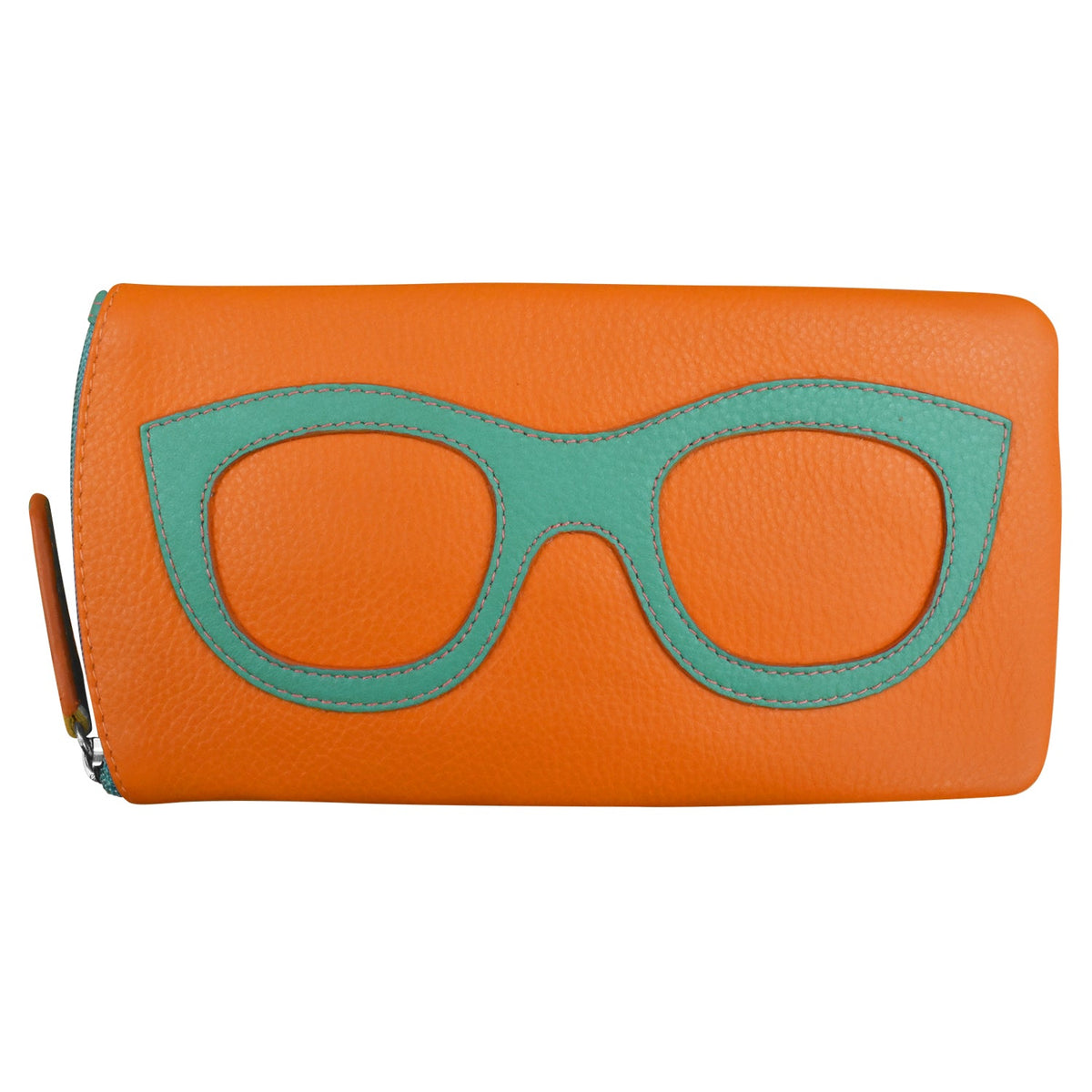 Orange wallet with green eyeglass design on a white background