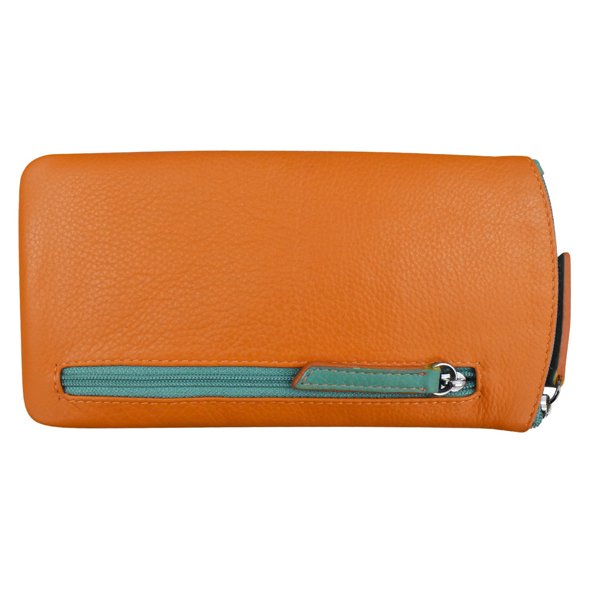 Orange wallet with a green zipper on a white background
