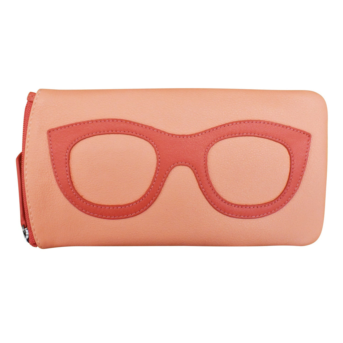 Pink wallet with a design resembling eyeglasses on a white background