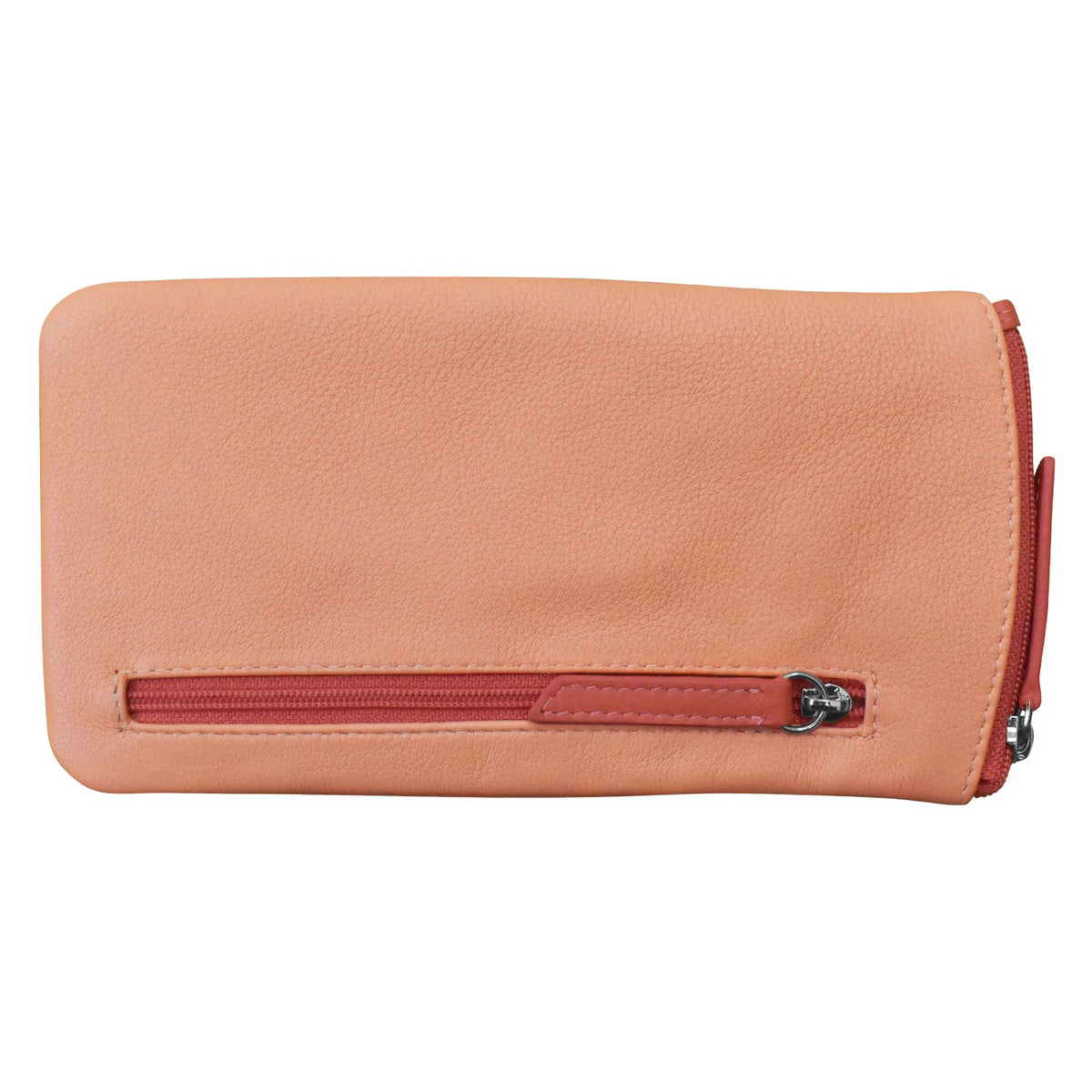 Pink wallet with a zipper on a white background