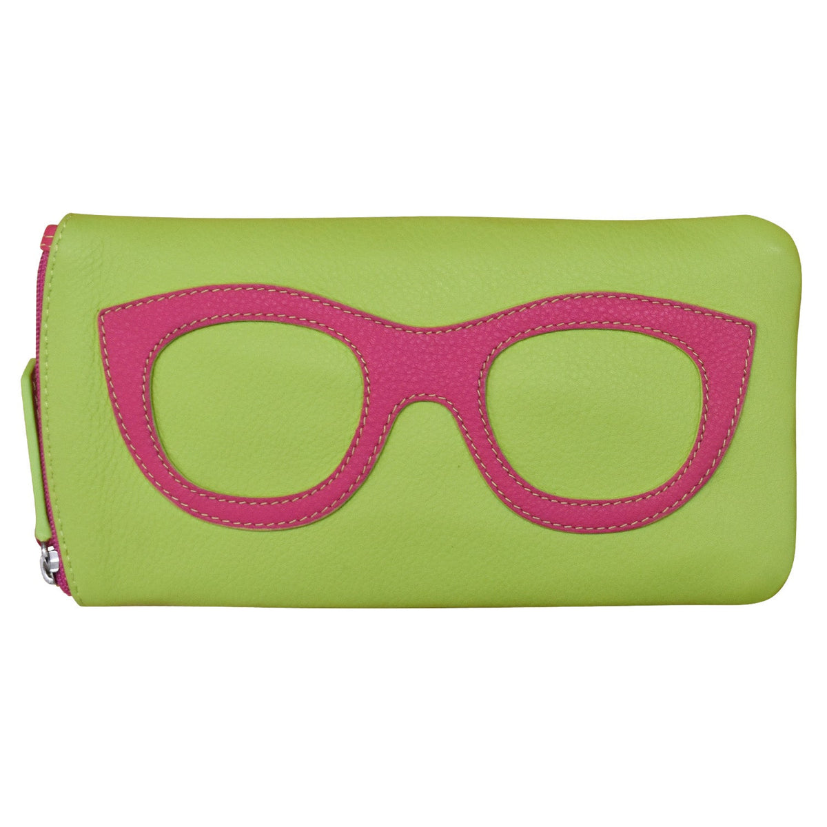 Green wallet with pink glasses design on a white background