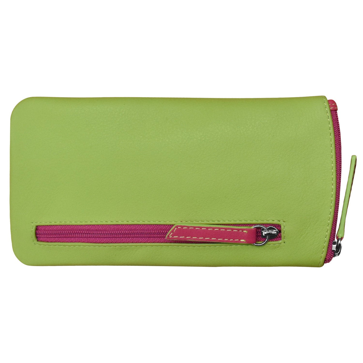 Green wallet with a pink zipper on a white background