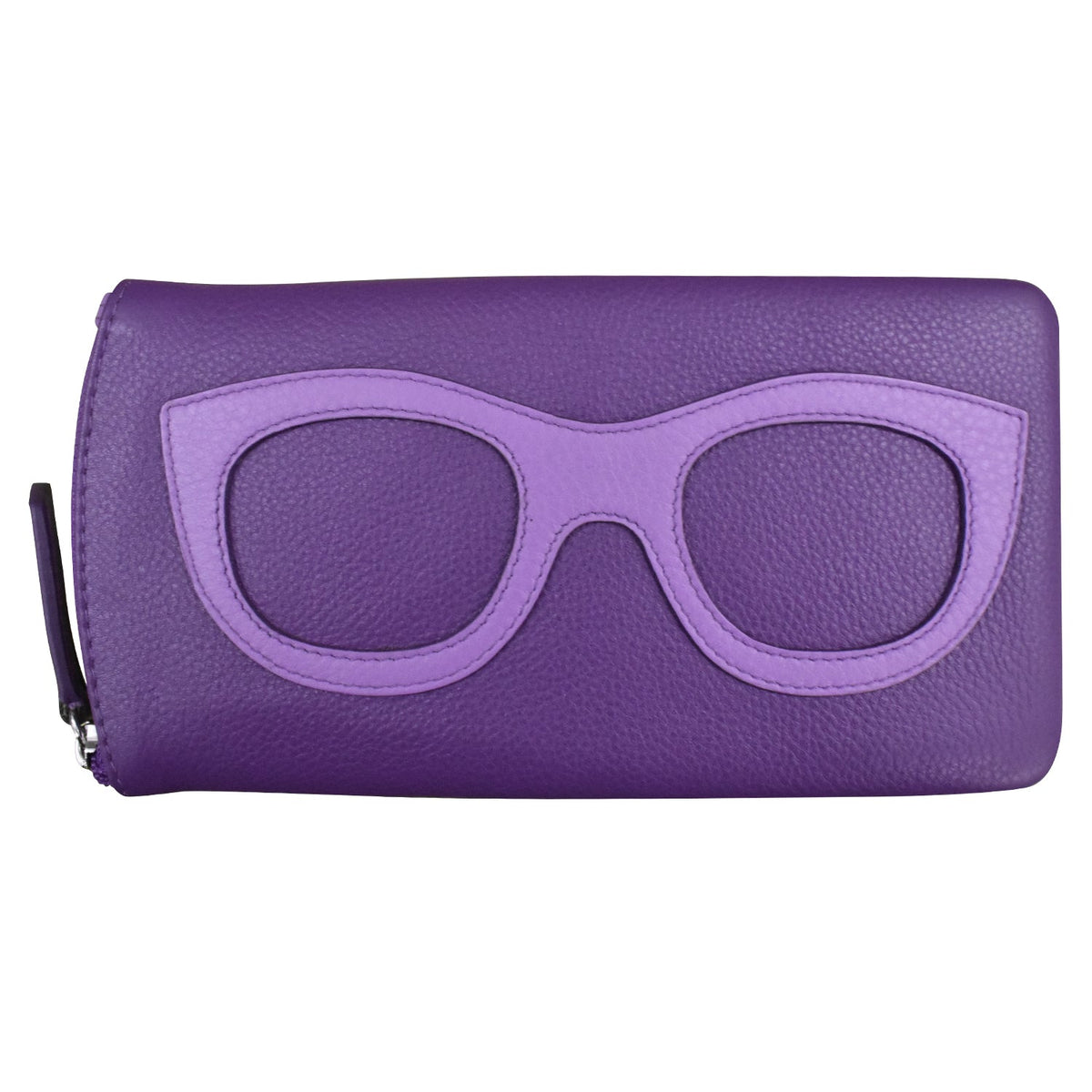 Purple wallet with eyeglass frame design on a white background