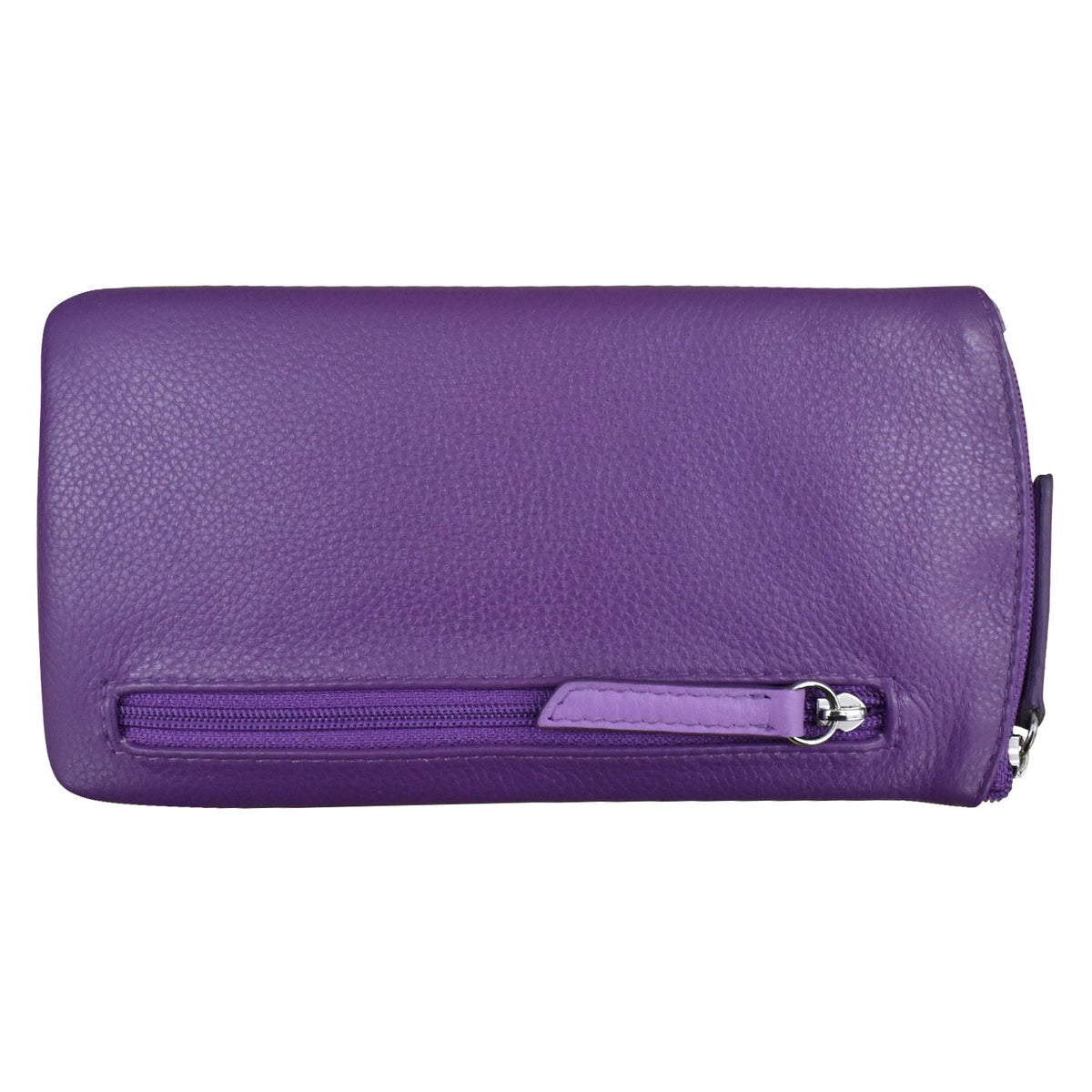 Purple leather wallet with a zipper on a white background