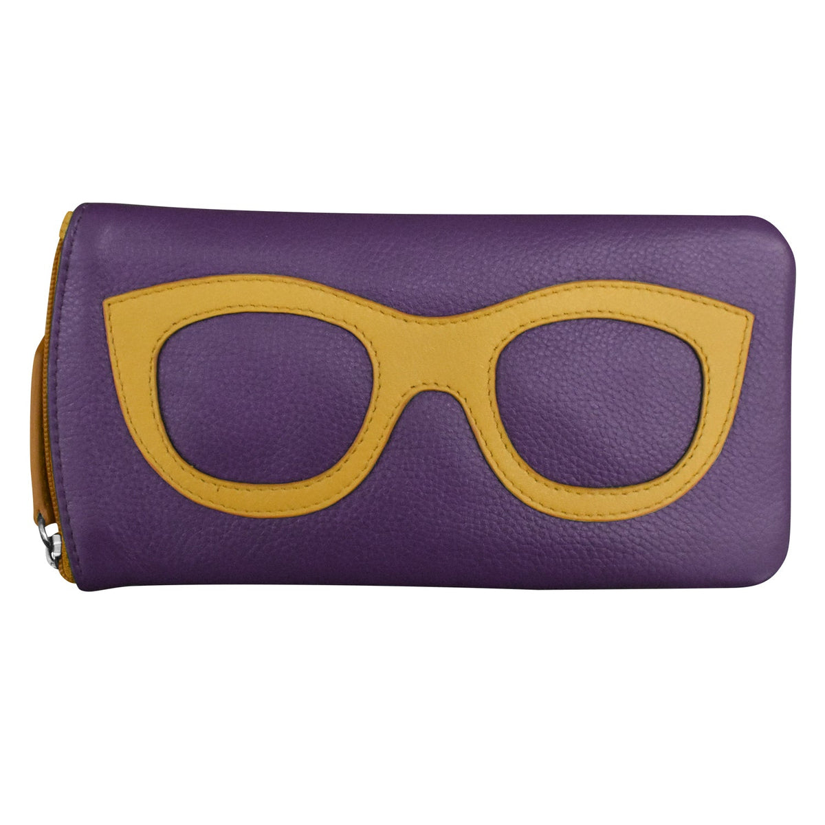 Purple wallet with yellow eyeglass frame design on a white background