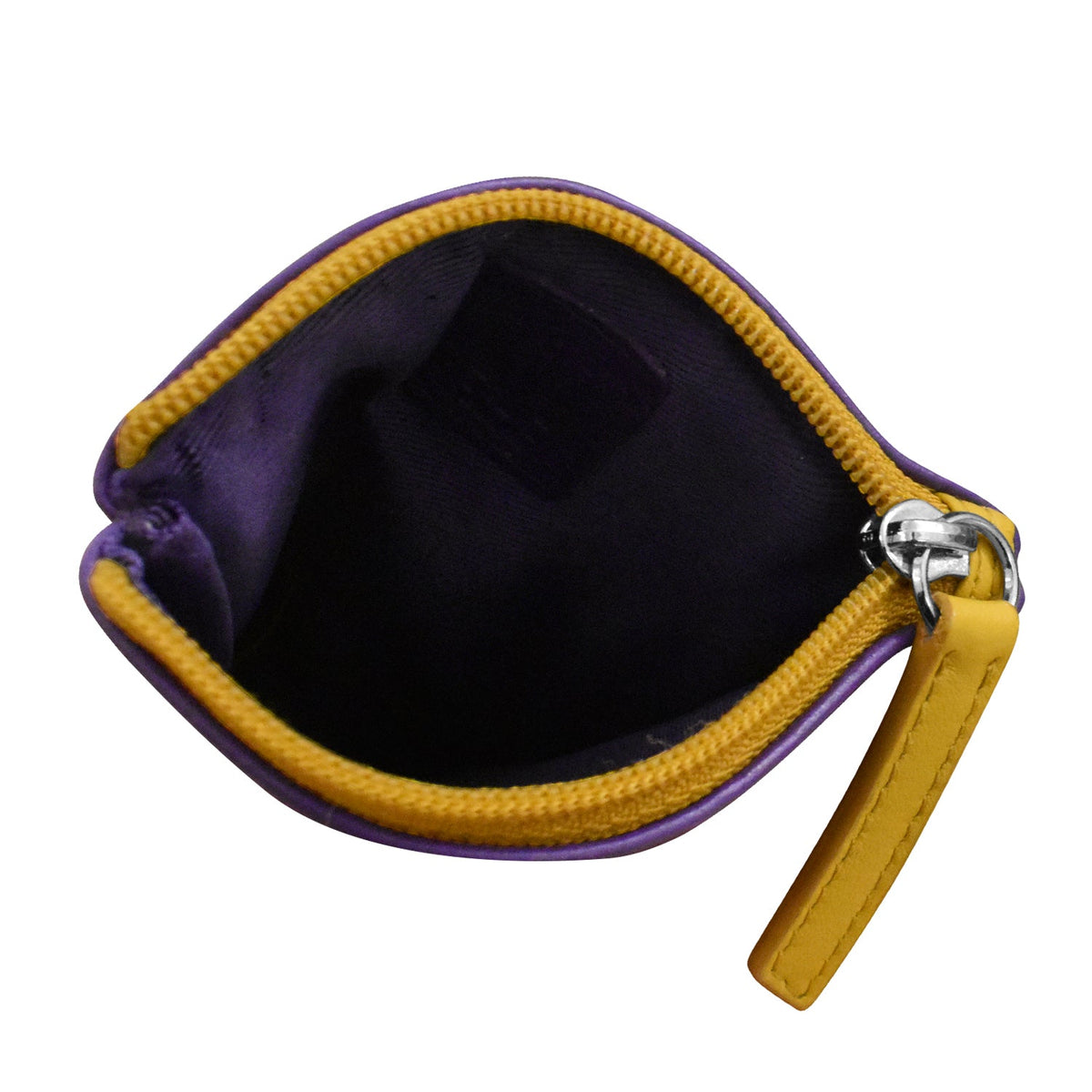 Small purple and yellow zippered pouch on a white background