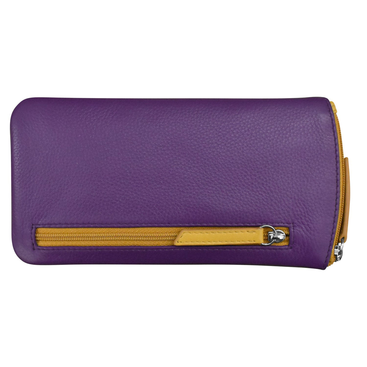 Purple wallet with a yellow zipper on a white background