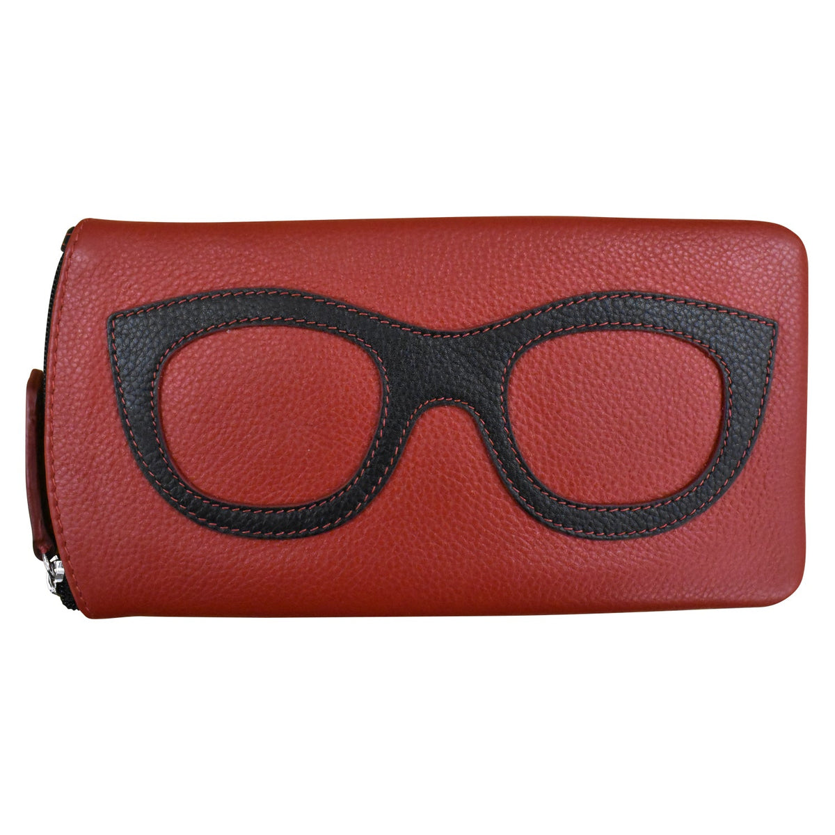 Red wallet with black eyeglass frame design on a white background