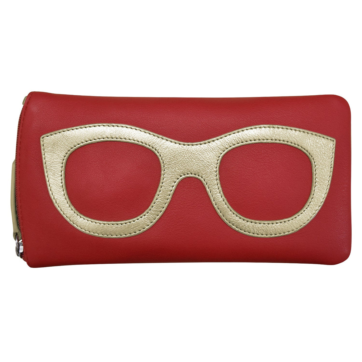 Red clutch with gold eyeglass frame design on a white background