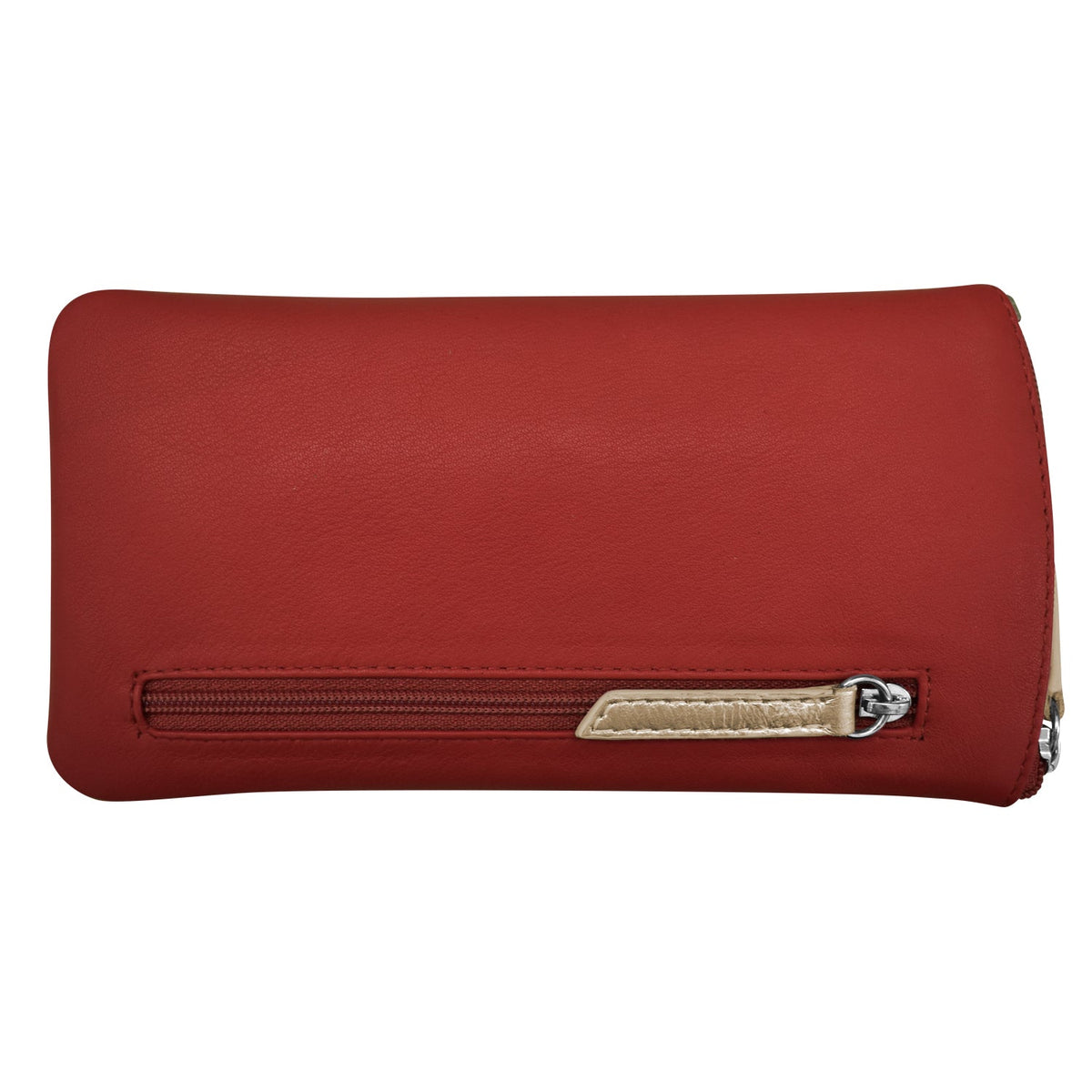Red wallet with a gold zipper on a white background