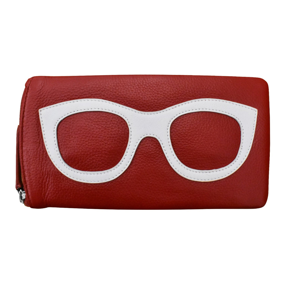 Red wallet with white glasses design on a white background