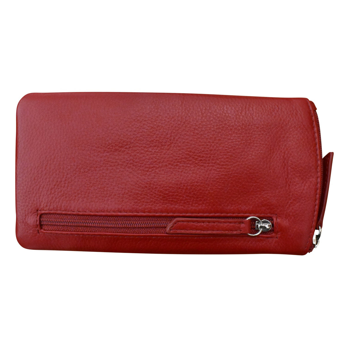 Red leather wallet with a zipper on a white background