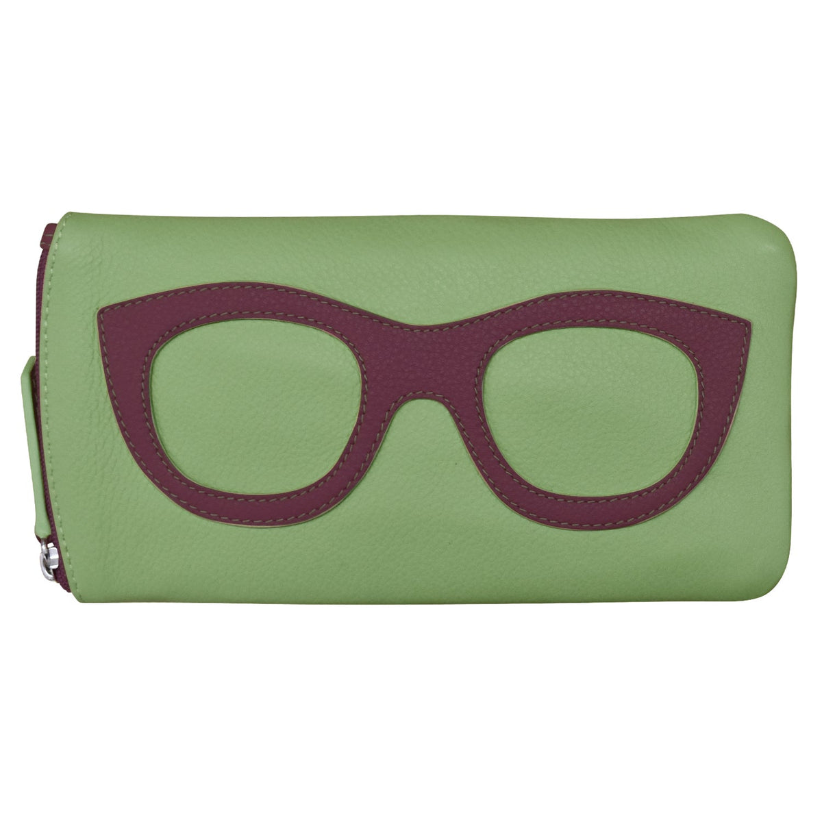 Green wallet with purple glasses design on a white background