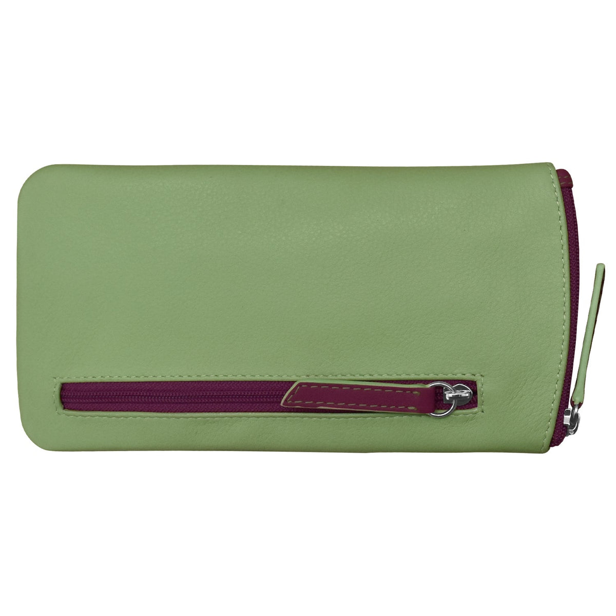 Green wallet with a purple zipper on a white background