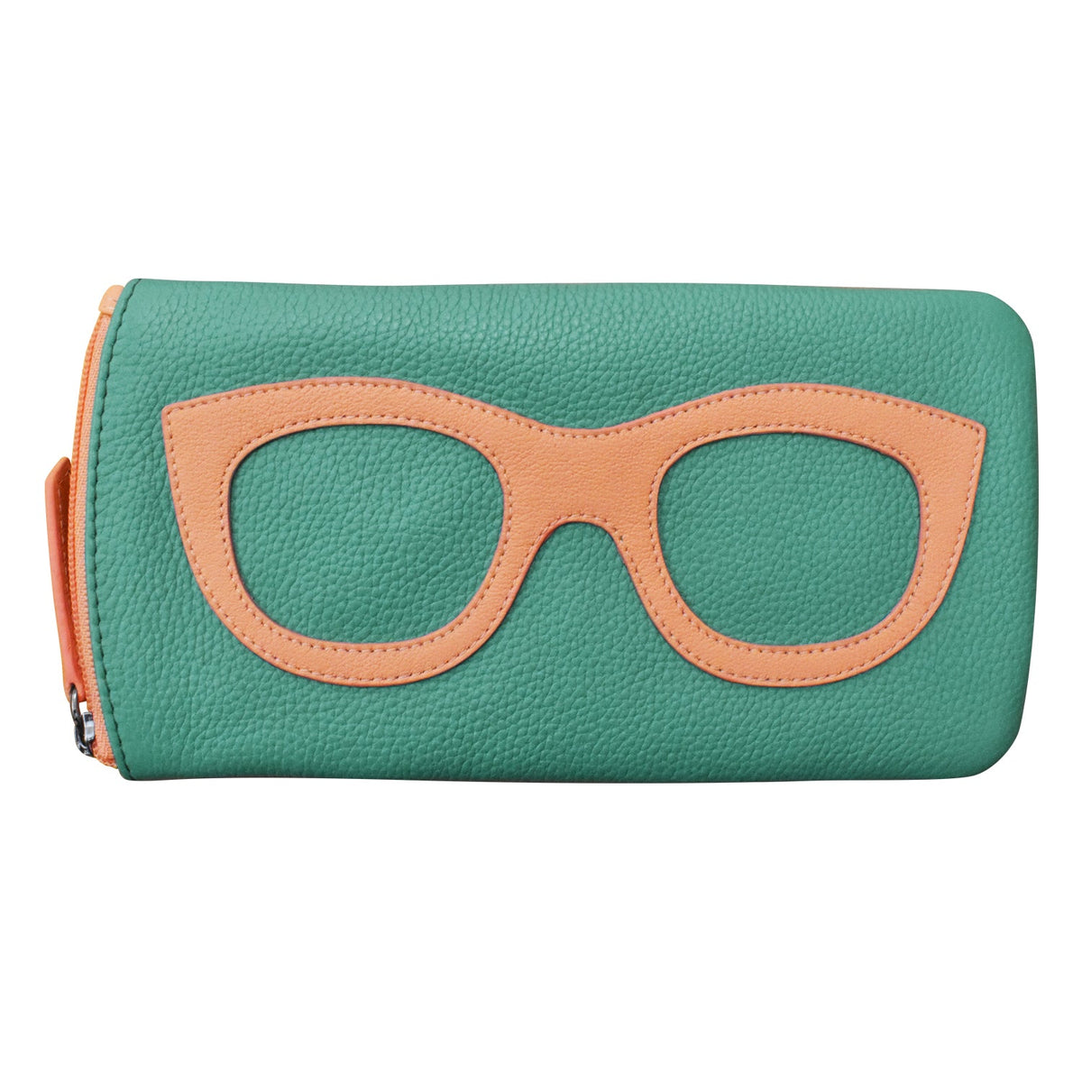 Green wallet with brown eyeglass frame design on a white background