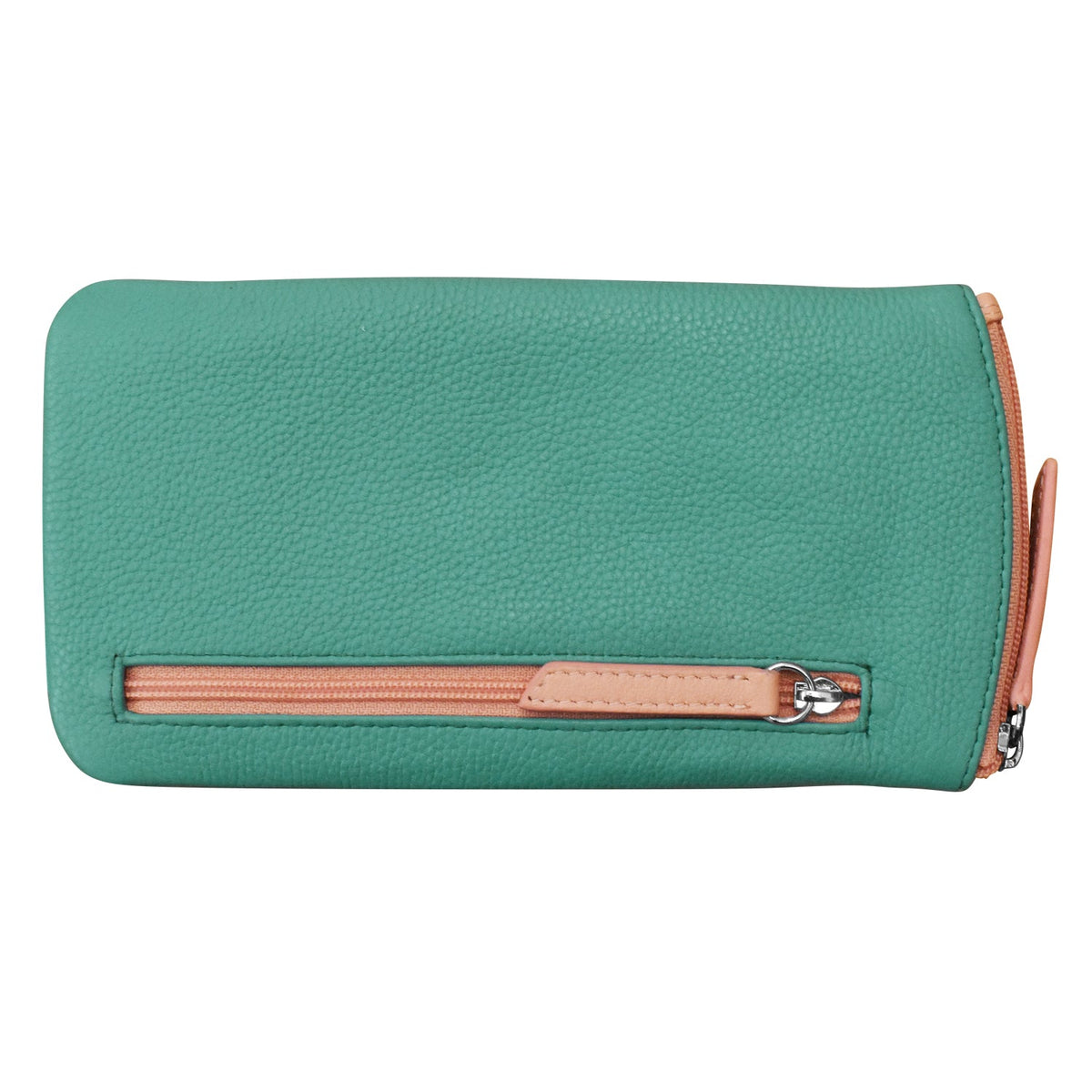 Green wallet with a zipper on a white background