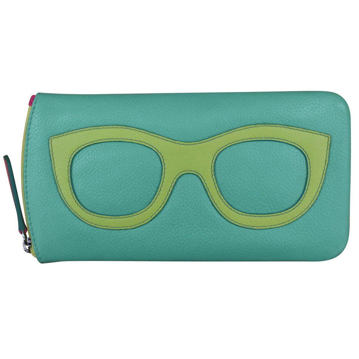 Green wallet with green eyeglass frame design on a white background