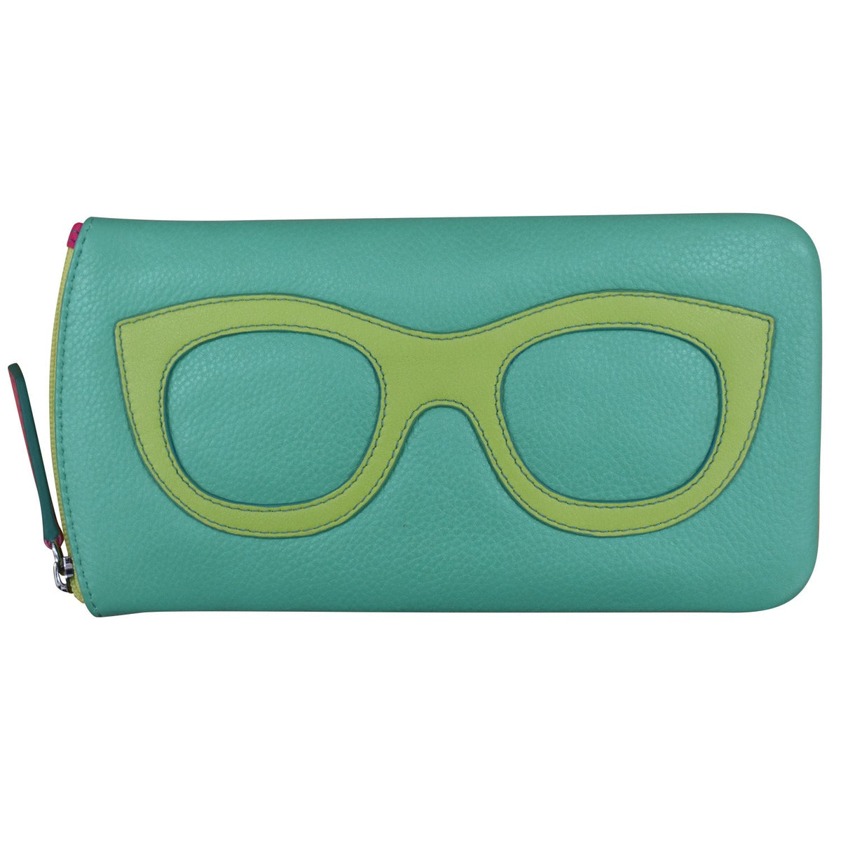 Green wallet with eyeglass frame design on a white background