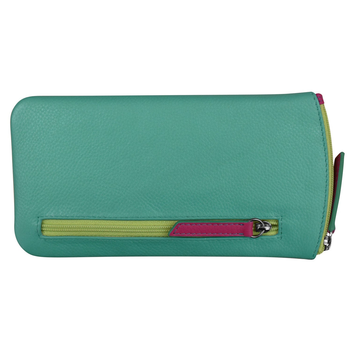 Teal wallet with a zipper on a white background