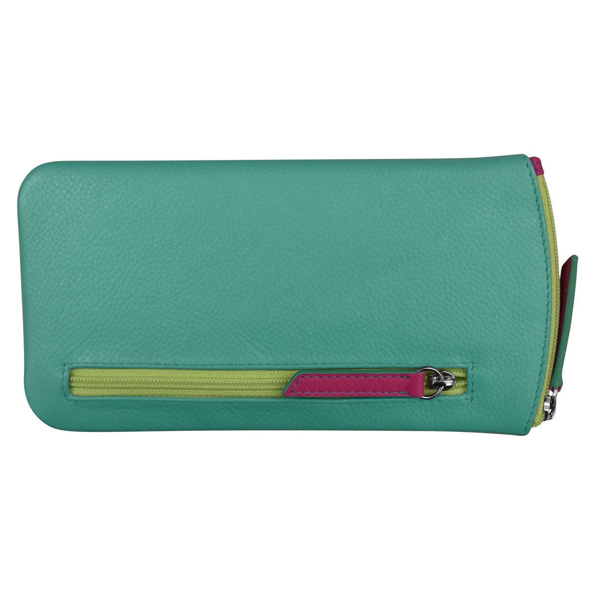 Teal wallet with a zipper on a white background