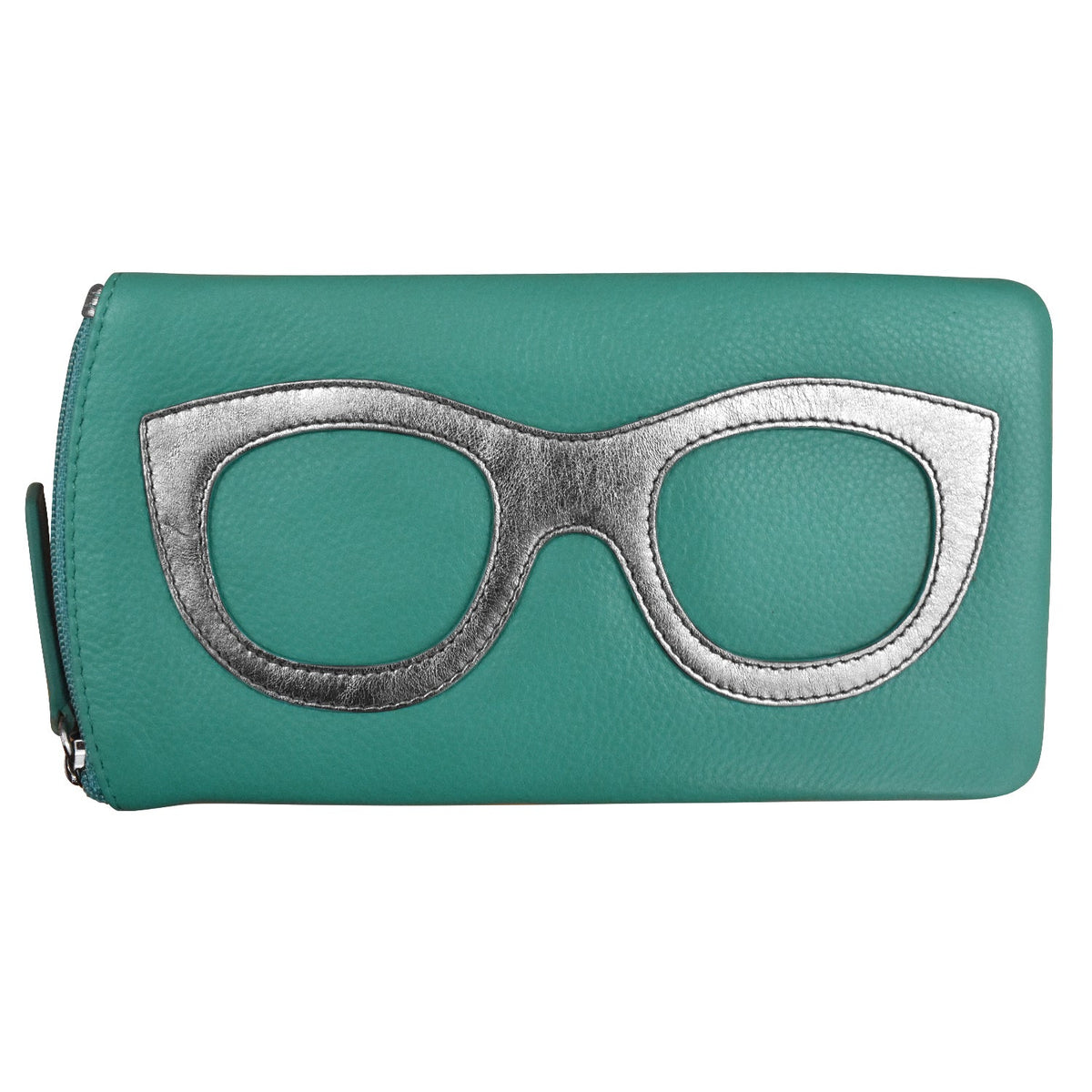 Green clutch with silver eyeglass design on a white background