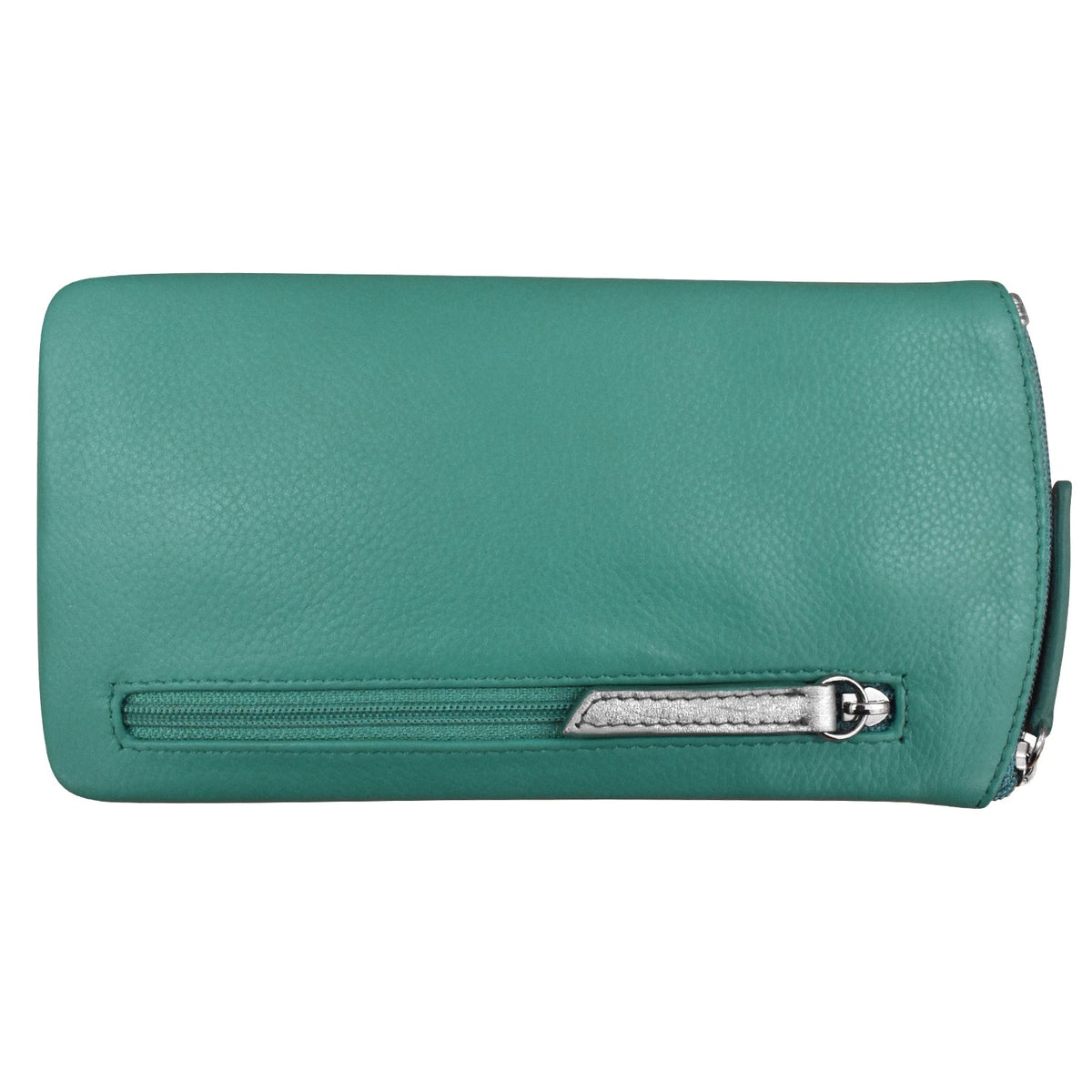 Green wallet with a silver zipper on a white background