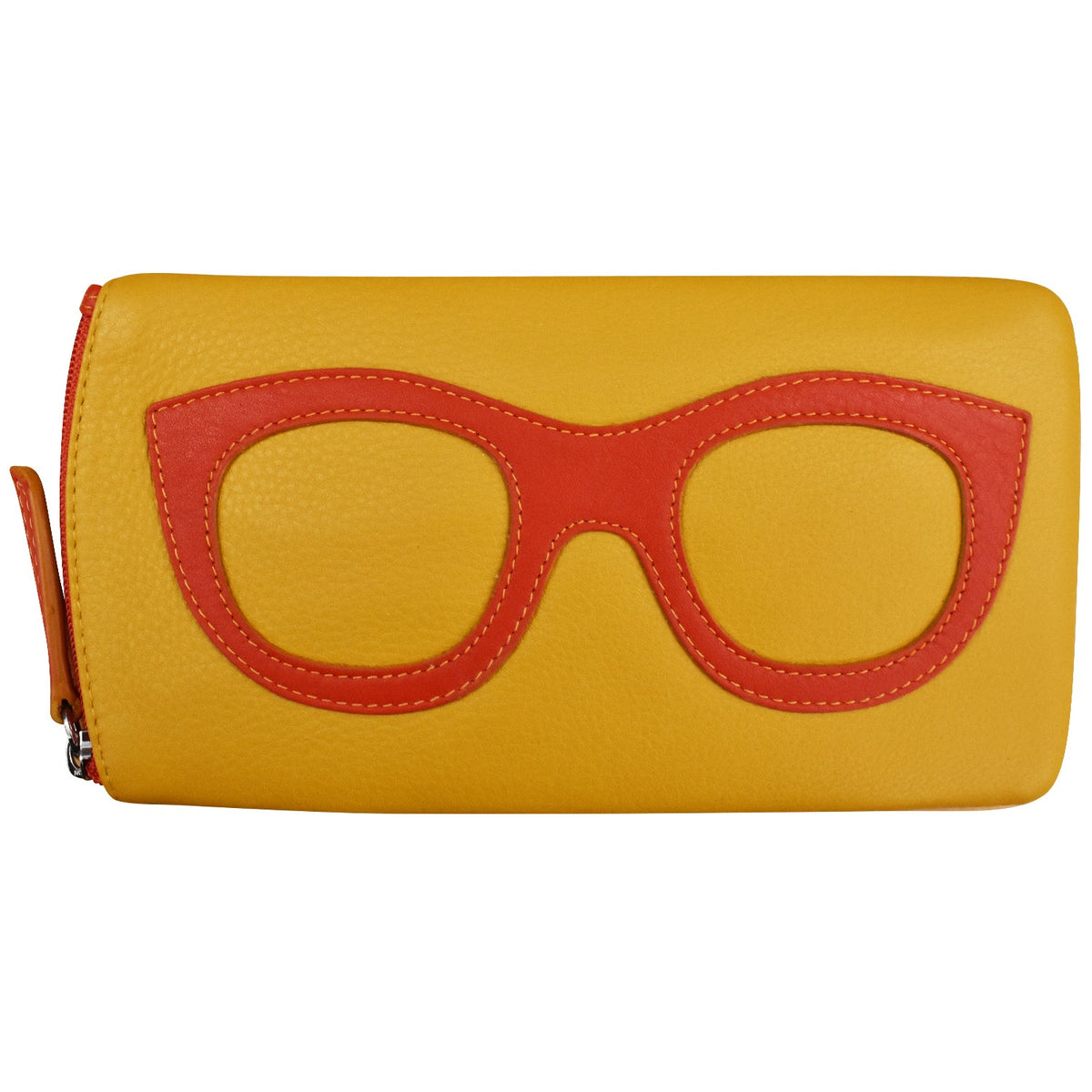 Yellow wallet with red glasses design on a white background