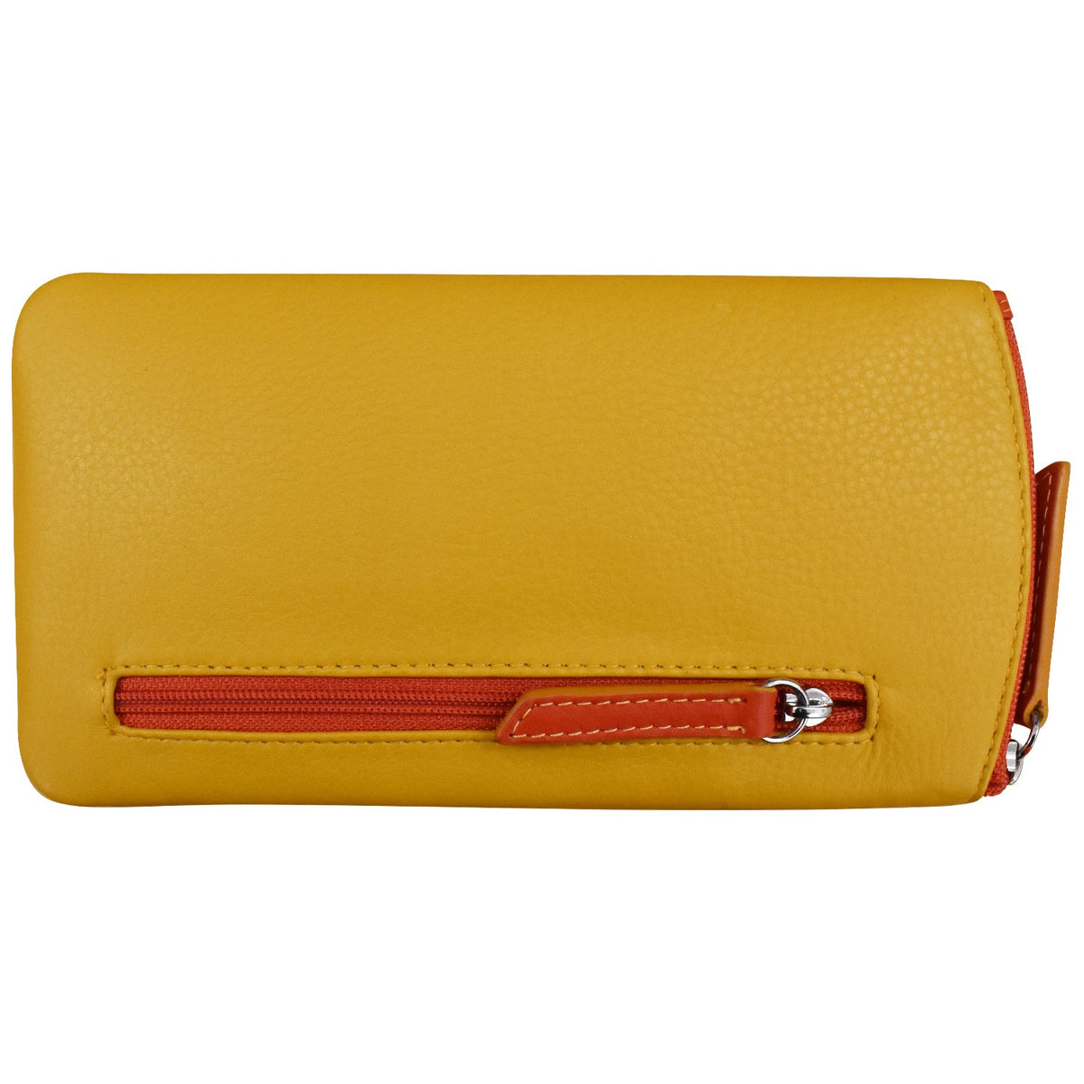 Yellow wallet with a red zipper on a white background