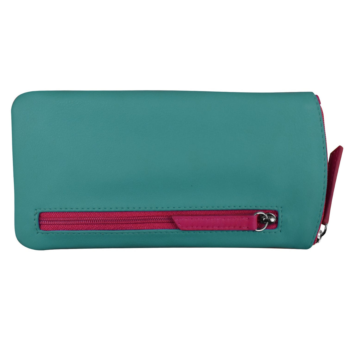 Teal wallet with a pink zipper on a white background