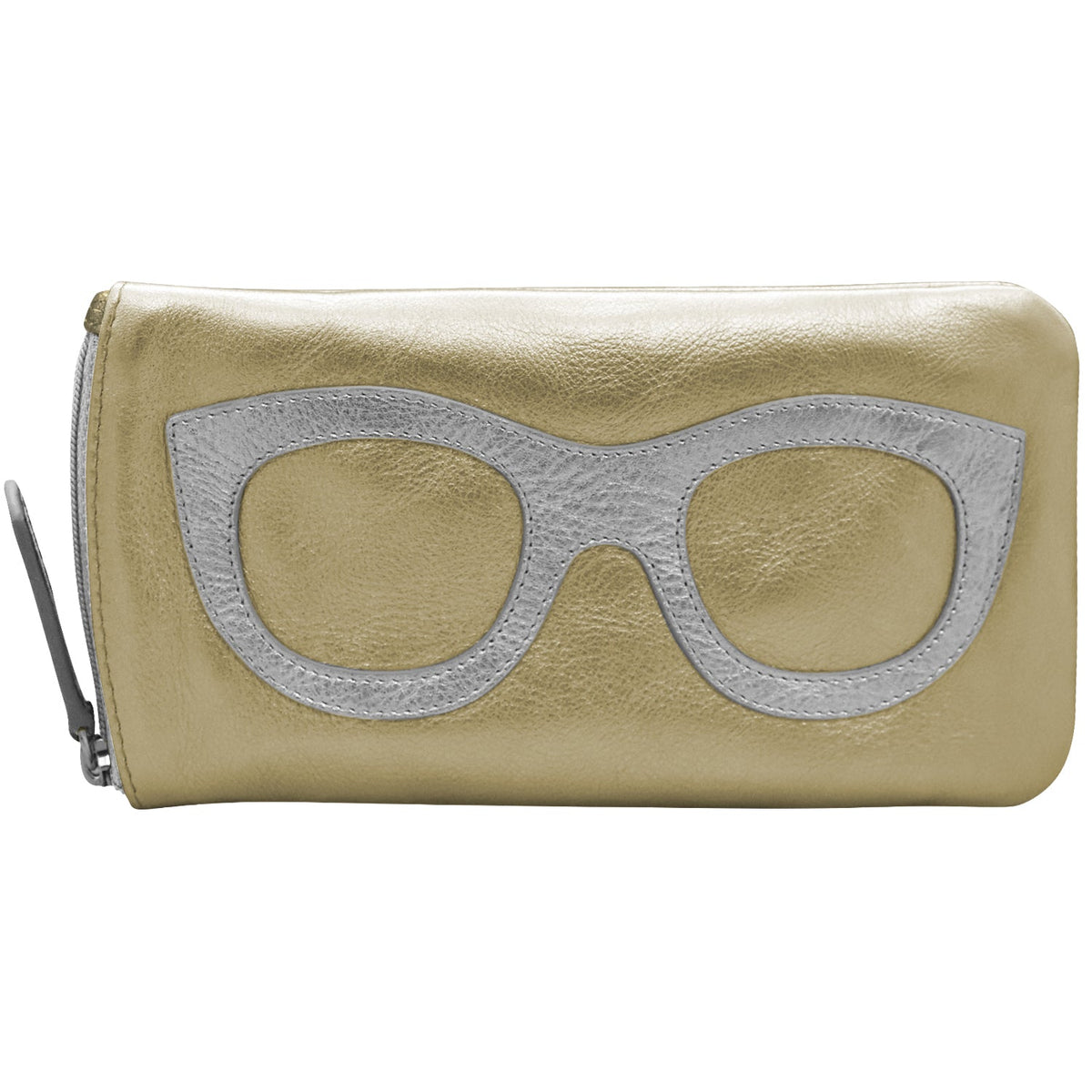 Beige clutch with silver sunglasses design on a white background