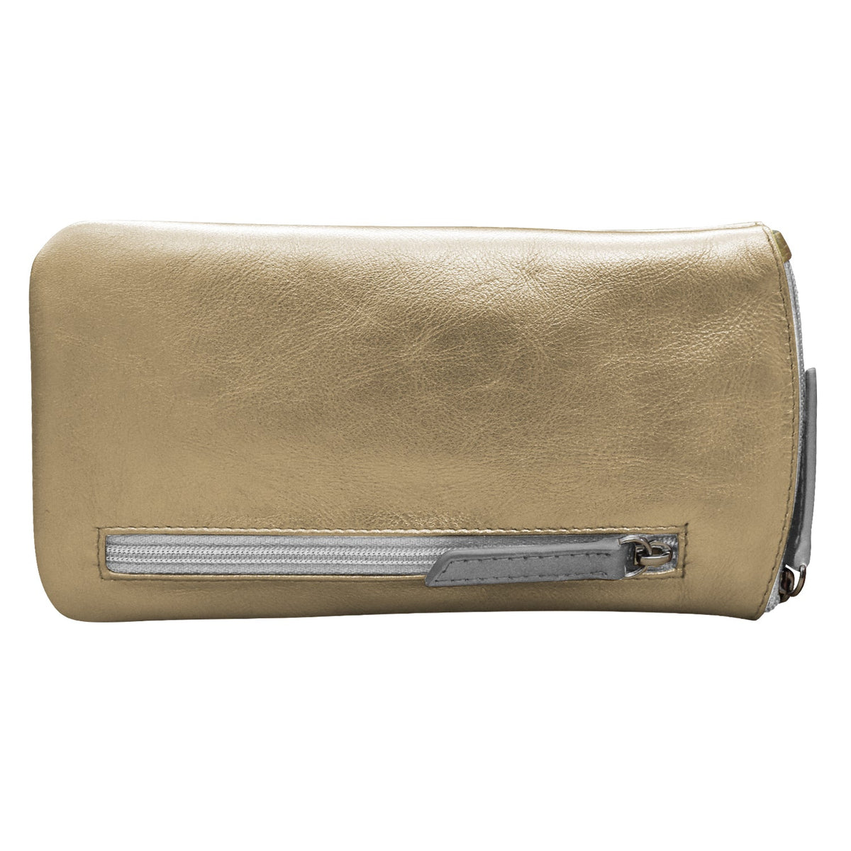 Beige clutch bag with a silver zipper on a white background
