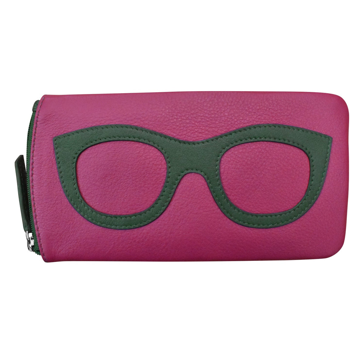 Pink wallet with green eyeglass frame design on a white background