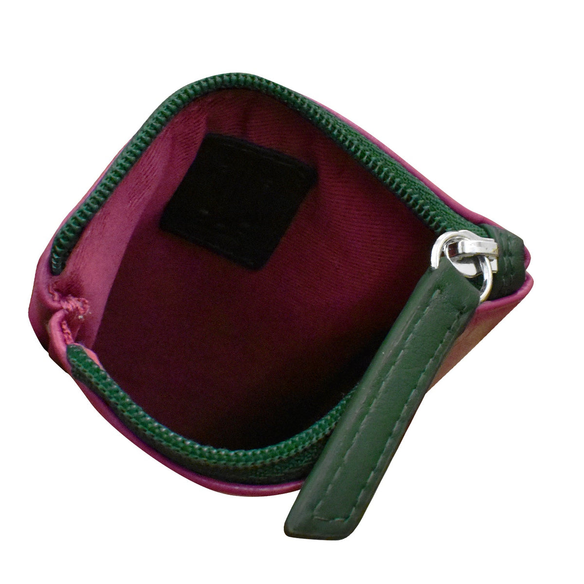 Small pouch with green zipper and handle on a white background