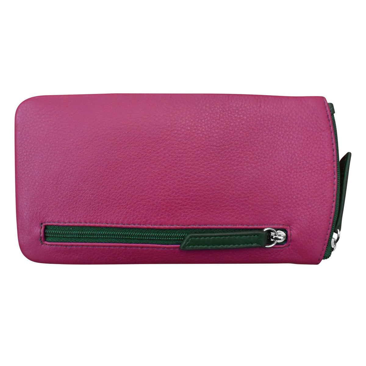 Pink wallet with a green zipper on a white background