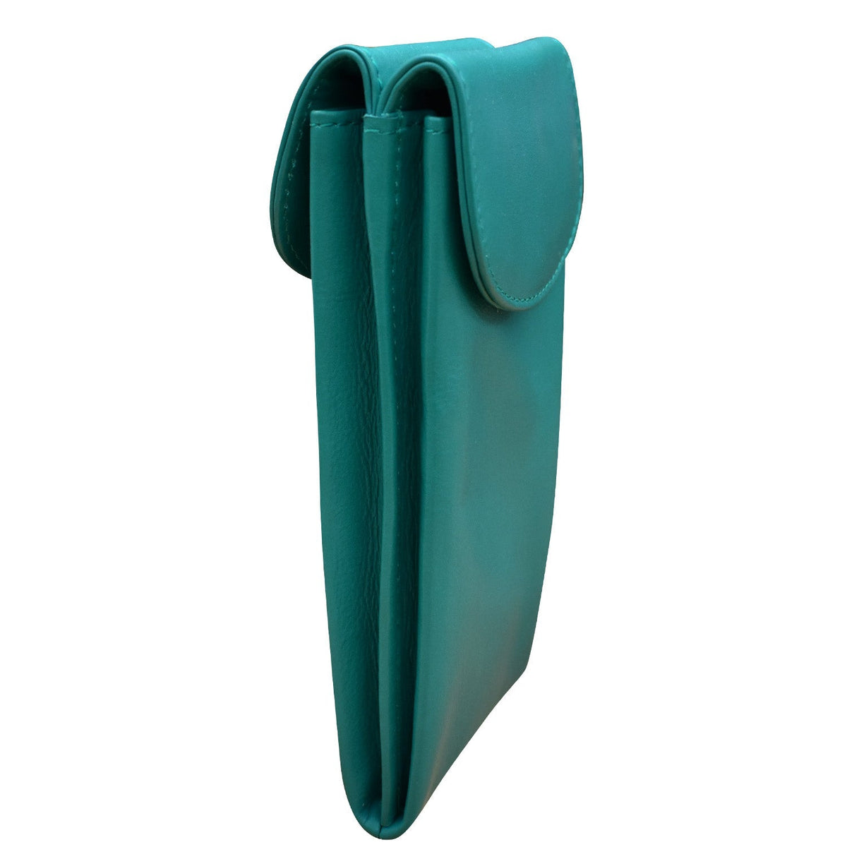 Teal leather clutch bag on a white background