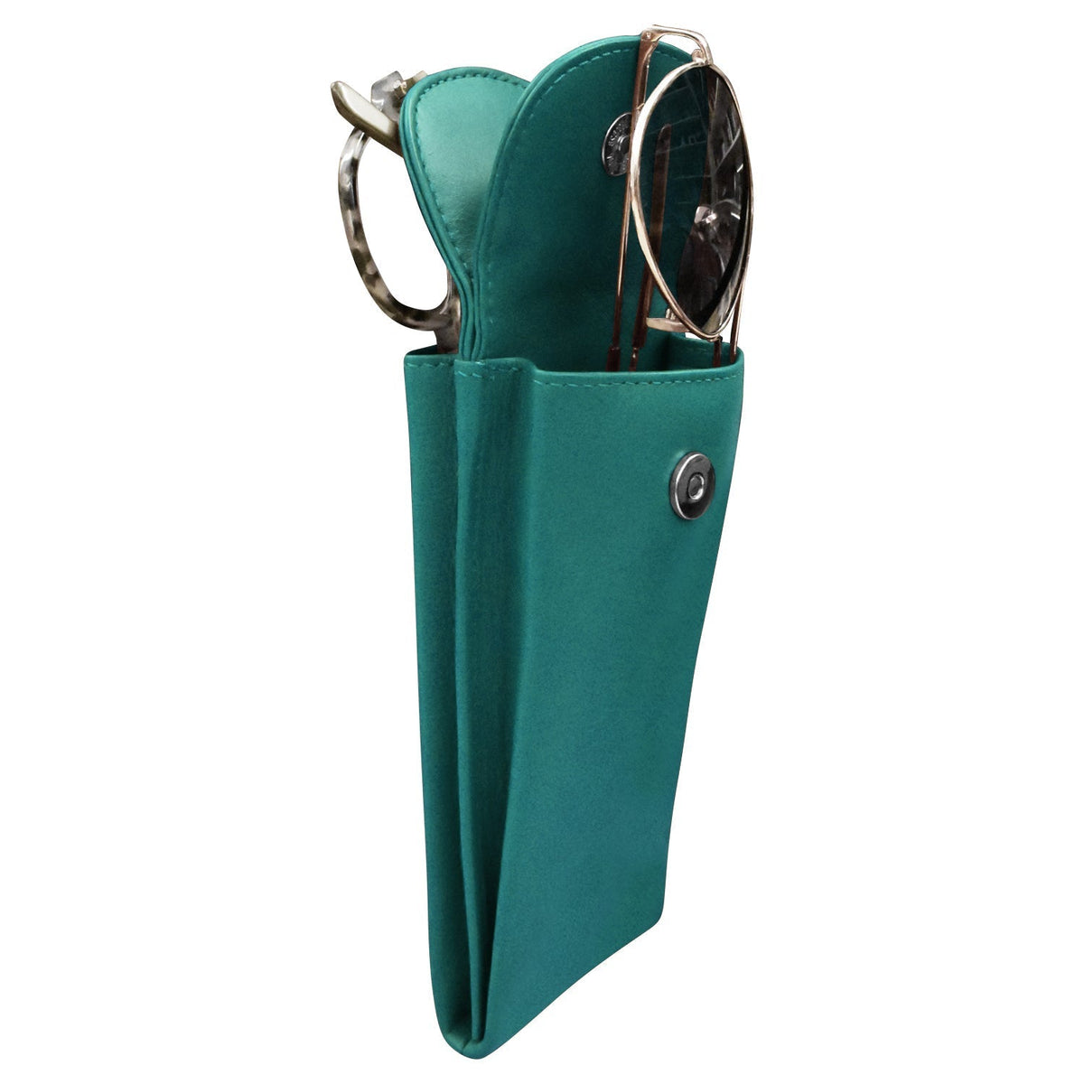 Teal eyeglass case with glasses inside on a white background
