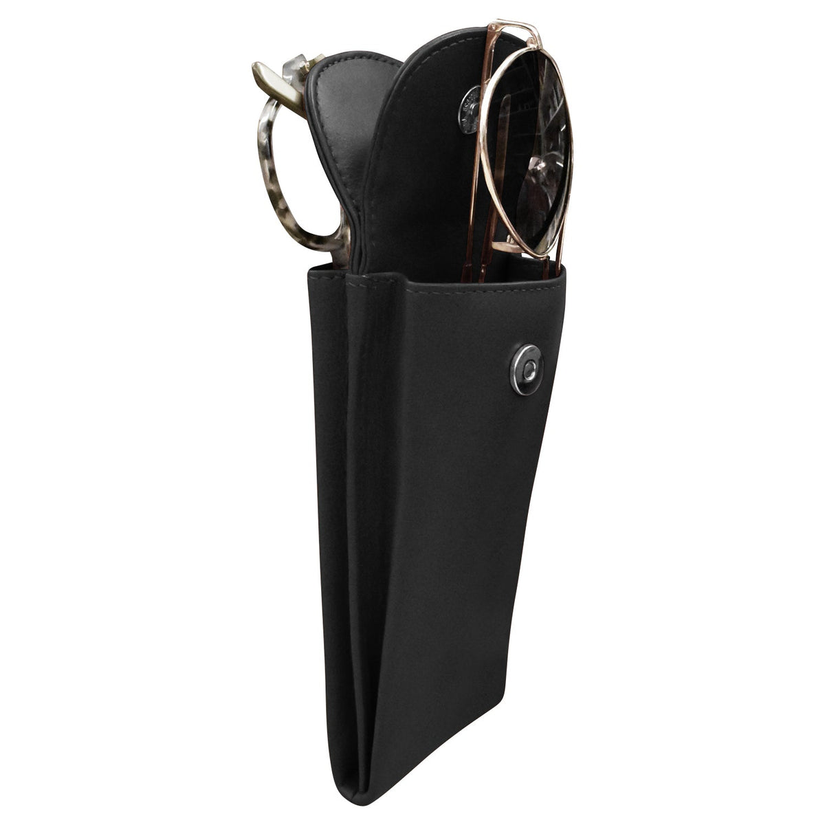 A black leather sunglasses holder pouch with a snap button closure, shown holding a pair of sunglasses on a plain white background.