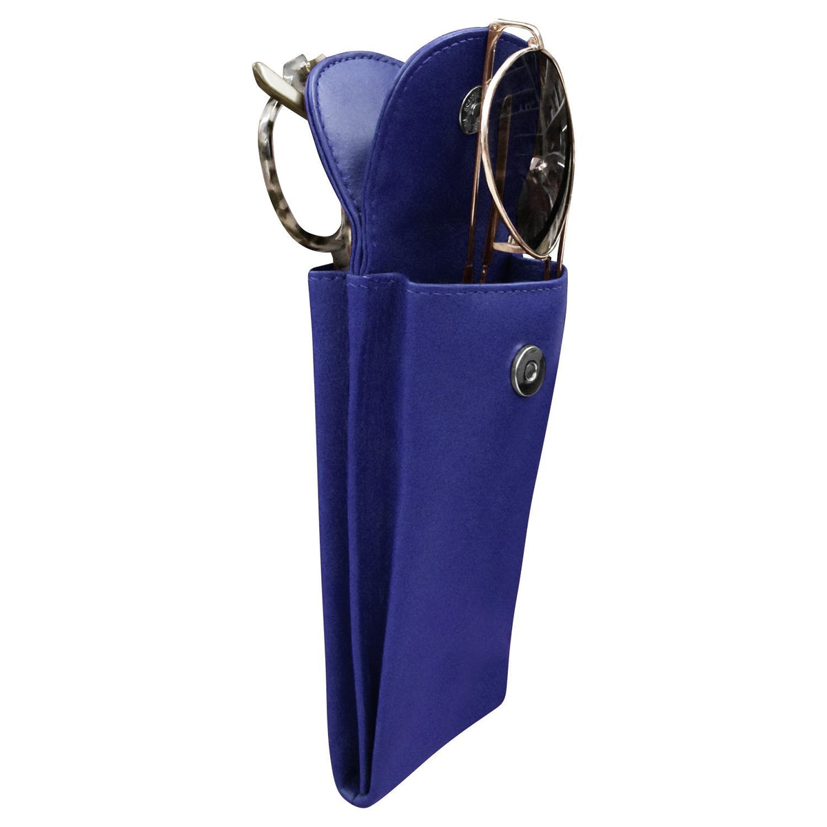 Blue leather case with a pair of sunglasses inside on a white background