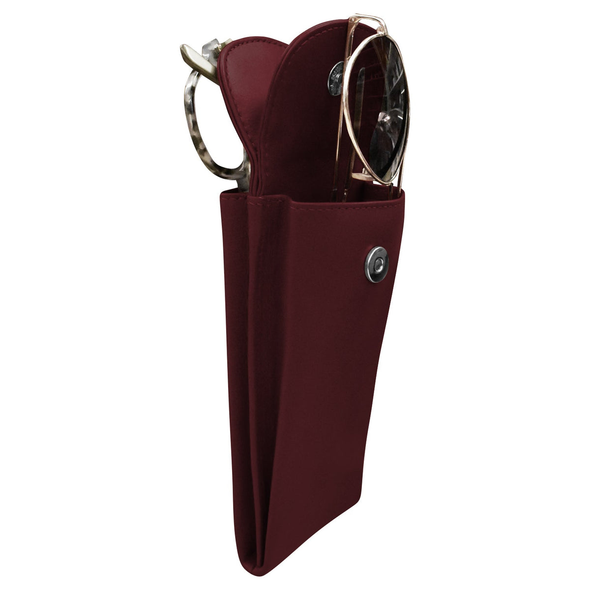 Maroon sunglasses case with gold-framed sunglasses on a white background