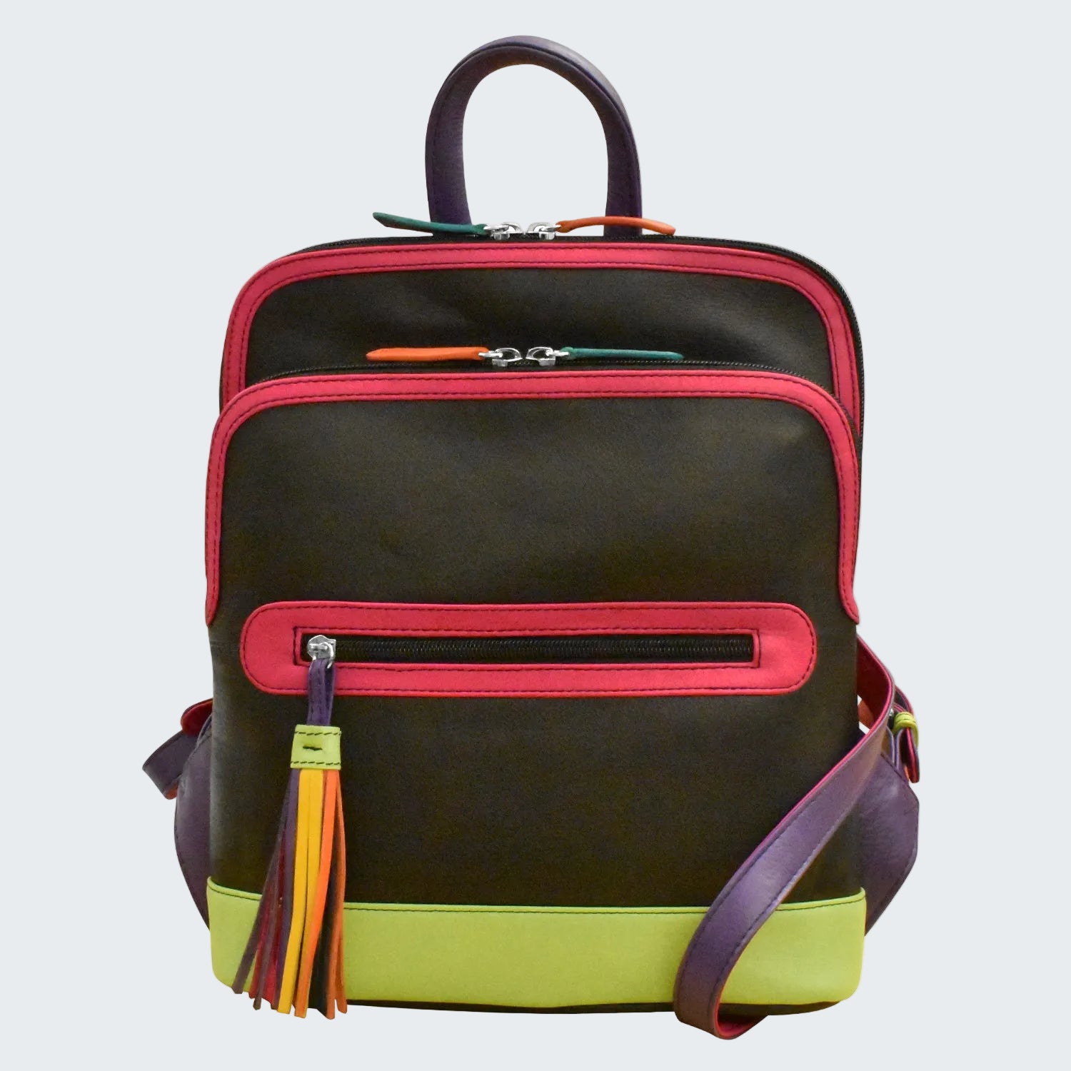 Multicolored backpack with a tassel on a white background