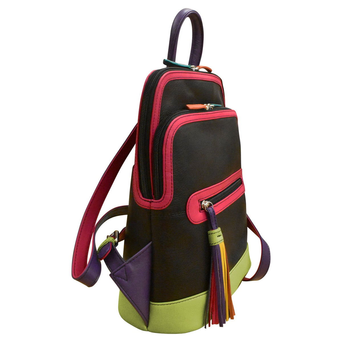 Multicolored backpack with a tassel on a white background