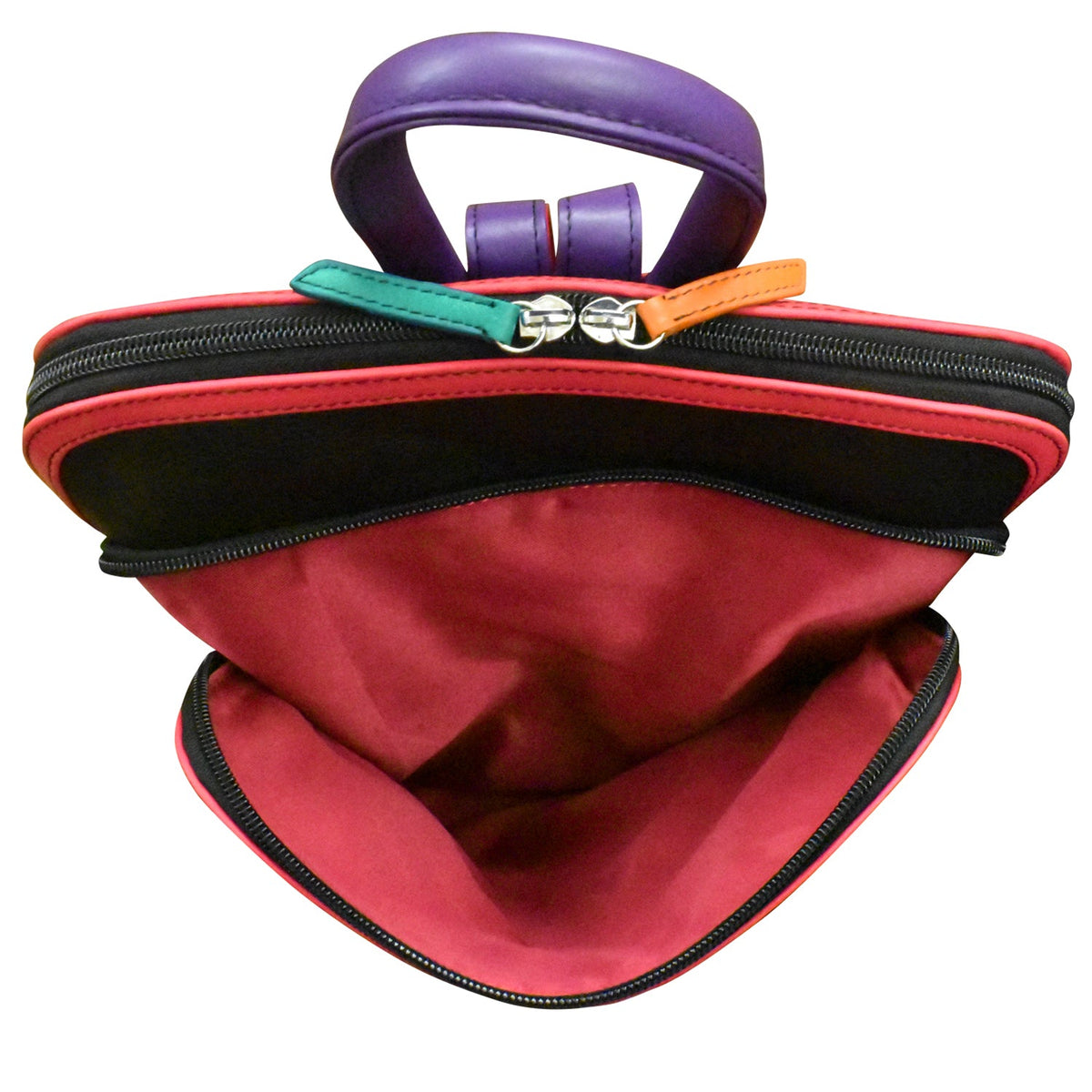 Colorful bag with open front revealing red interior on a white background